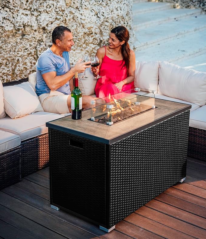 Nestl 43 Inch Fire Pit for Outdoor - 50000 BTU Outdoor Propane Fire Pit Table with Lid Rain Cover &amp Lava Rocks - Patio Fire Pit Table with Tempered Glass for Backyard Gatherings - Black