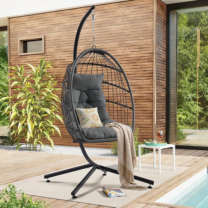 Hanging Egg Chair with Stand Foldable Hanging Chair with Cushion Wicker Rattan Hammock Swing Chair Indoor Outdoor Lounging Chair 350 LBS Capacity for Patio Bedroom Balcony Garden