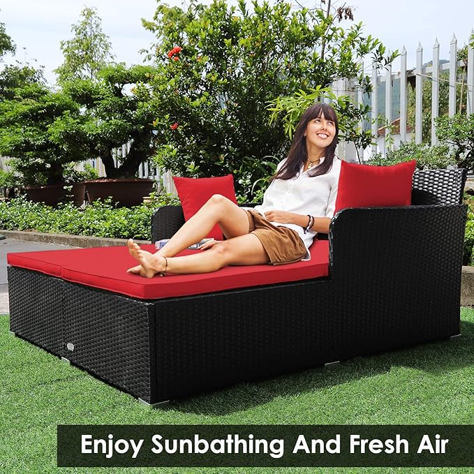 Tangkula Outdoor Rattan Daybed Sunbed Wicker Furniture w/Spacious Seat Upholstered Cushion &amp High-Resilience Sponge Wicker Patio Sofa Set w/Extra Pillows for Courtyard Poolside(Red)