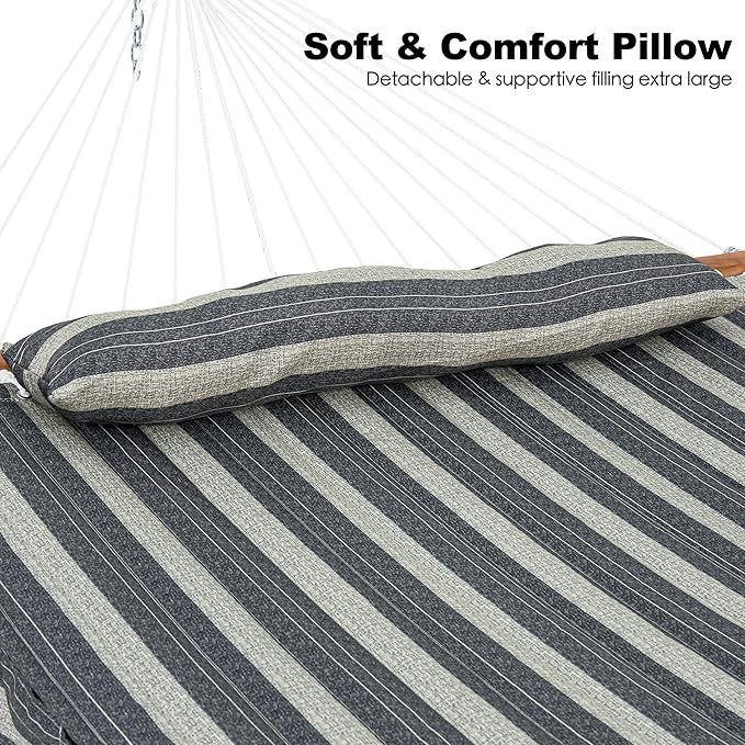 GAFETE Hammock 2 Person Quilted Fabric Hammocks for Outside Double 12ft Hammocks with Spreader Bar Large Removable Pillow Storage Bag Carabiners Max 475 lbs Capacity (Mountain Mist Gray)