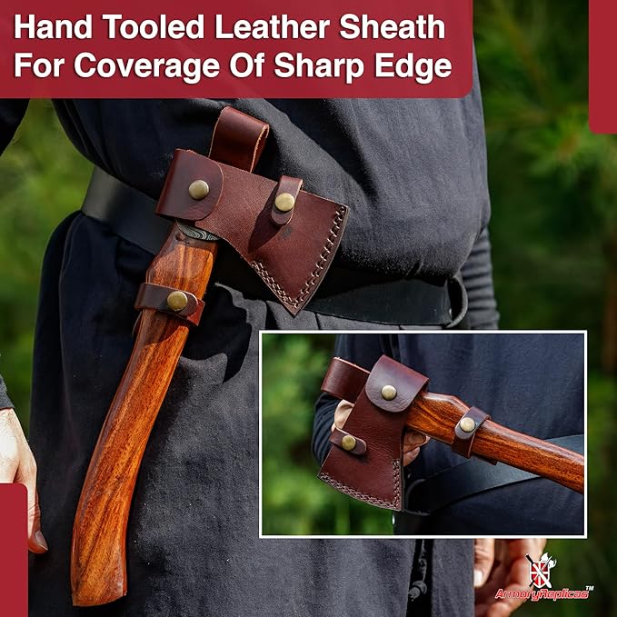Armory Replicas™ Hand-Forged Damascus Steel Axe with Sheesham Wood Handle &amp Leather Sheath – 11.5 Compact Camping Axe