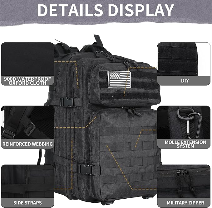 45L Military Tactical Backpacks 3 Days Assault Pack Bag Fitness Rucksack 3 Day Bug Out Bag Hiking Treeking Molle Daypack (Black2)