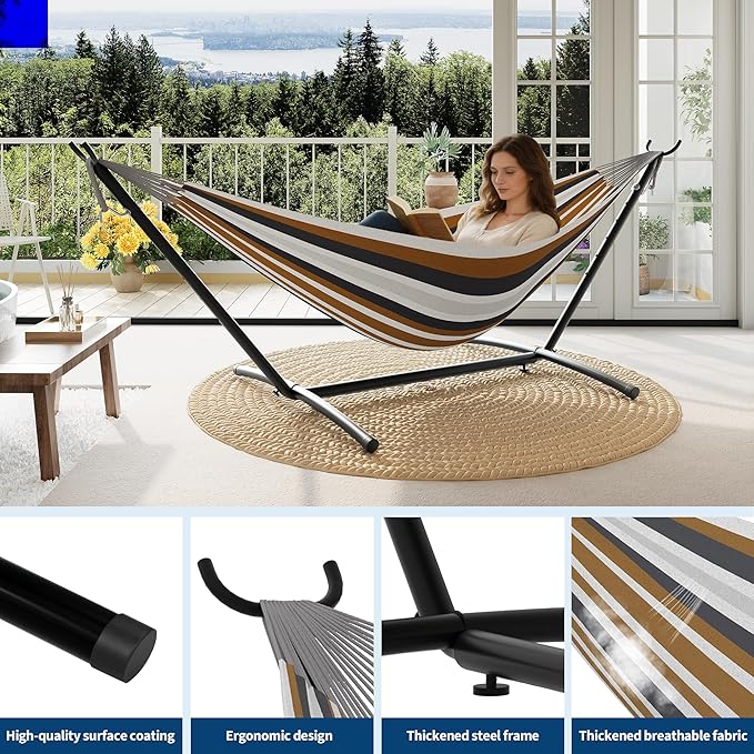 Garvee 2 Person Hammocks with Stand for Outside Double Hammocks Portable Space Saving Heavy-Duty Steel Stand for Indoor Outdoor Patio with Carrying Bag 450 lbs Capacity
