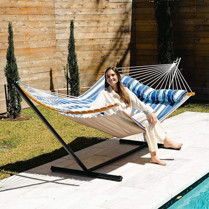 12 Ft Hammock with Stand for Outside 2 Person Hammock Freestanding with Curved Spreader Bars Pillow and Portable Bag Heavy Duty 450 Lbs Blue Stripes