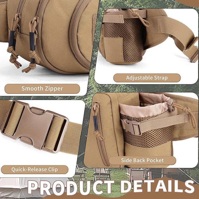 Military Tactical Waist Pack Assault Fanny Pack Army Bumbag with Water Bottle Holder for Men Camping Fishing Climbing (Khaki)