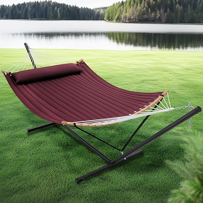 SUPERJARE Curved-Bar Hammock with Stand 2 Person Heavy Duty Hammock Frame Detachable Pillow &amp Portable Carrying Bag Perfect for Outdoor &amp Indoor Burgundy
