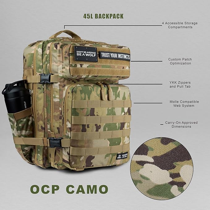 WOLFpak 45L Athletic Gym Backpack (OCP Camo) Durable 1000D Waterproof Oxford Material with MOLLE Webbing Laptop Pocket &amp Dual Cup Holders Durable Fitness/Travel/Military Daypack