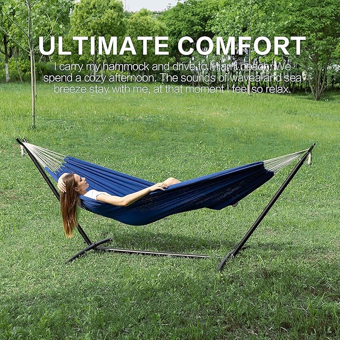 PNAEUT Double Hammocks with Stand for Outside Portable Space Saving Heavy-Duty Steel Stand for Indoor Outdoor Patio with Carrying Bag 450 lbs Capacity (Navy)