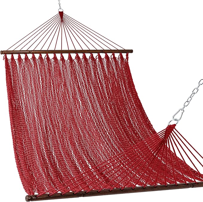 Lazy Daze Hammocks 10.5 FT Double 2 Person Caribbean Rope Hammock Hand Woven Polyester Hammock with Spreader Bars for Outside Outdoor Backyard Patio Poolside 450 LBS Capacity Red