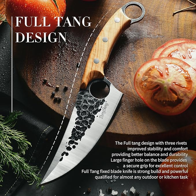 ZhengSheng Chef Knife Great Kitchen Knife with Leather Sheath Olive Wooden Handle Japanese Style Forged Viking knives for Home Cooking Camping BBQ