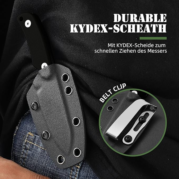 Omesio EDC Fixed Blade Knife 5.82 Neck Knife with Sheath and Necklace D2 Steel 2.99-Inch Blade Small Full Tang Knife with Clip G10 Handle for Fishing Hiking Camping (Black Blade + Black Handle)