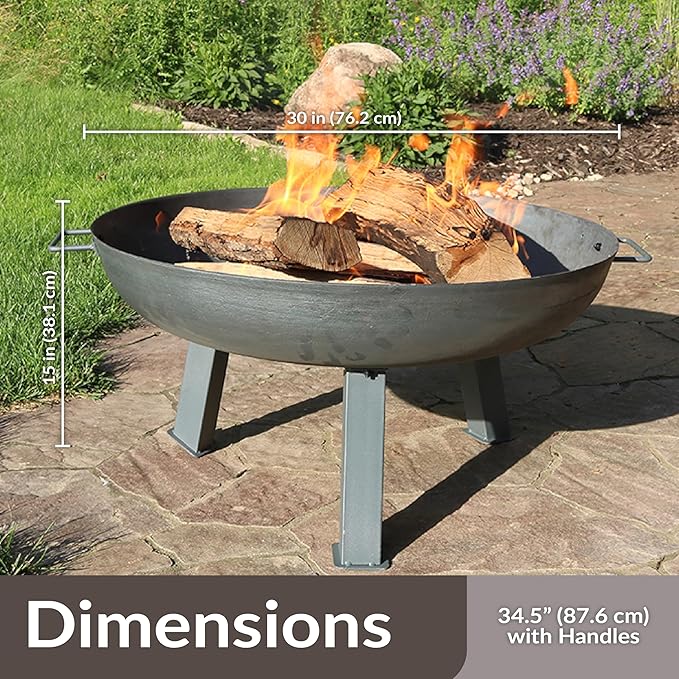 Sunnydaze 30-Inch Cast Iron Heavy Duty Fire Pit for Outside - Wood Burning Outdoor Fire Pit Bowl with Handles - Gray