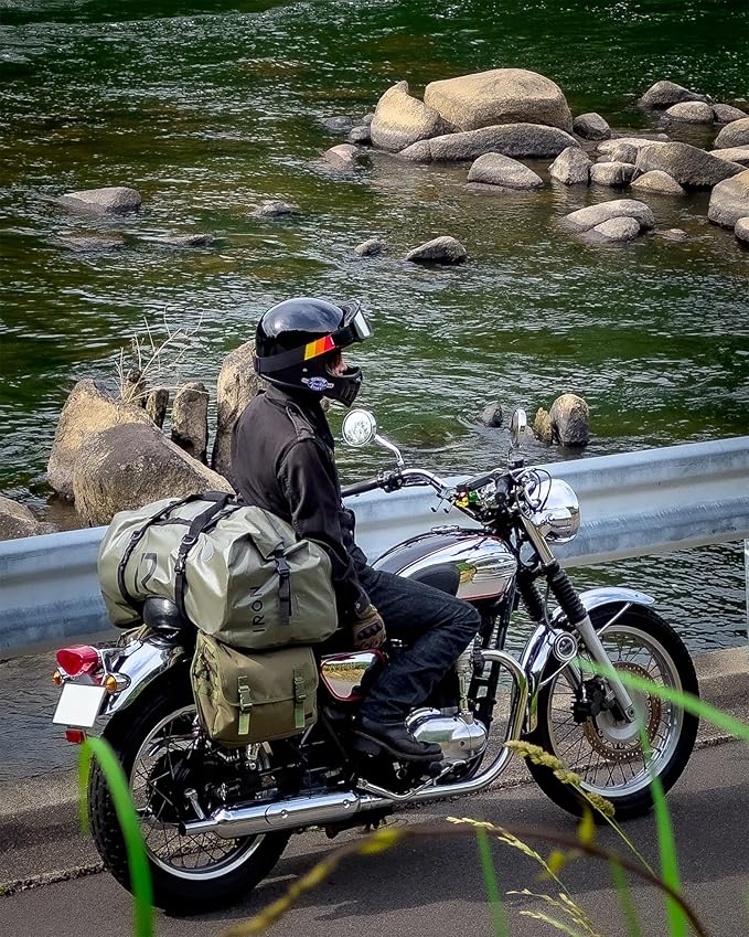 BORLENI Waterproof Motorcycle Dry Duffel Bag Luggage Tail Bag with Large Storage SpaceRoll Top Closure Shoulder Straps Inner Pocket and Mesh Pocket for Motorcycling Travel Camping (Army Green30L)