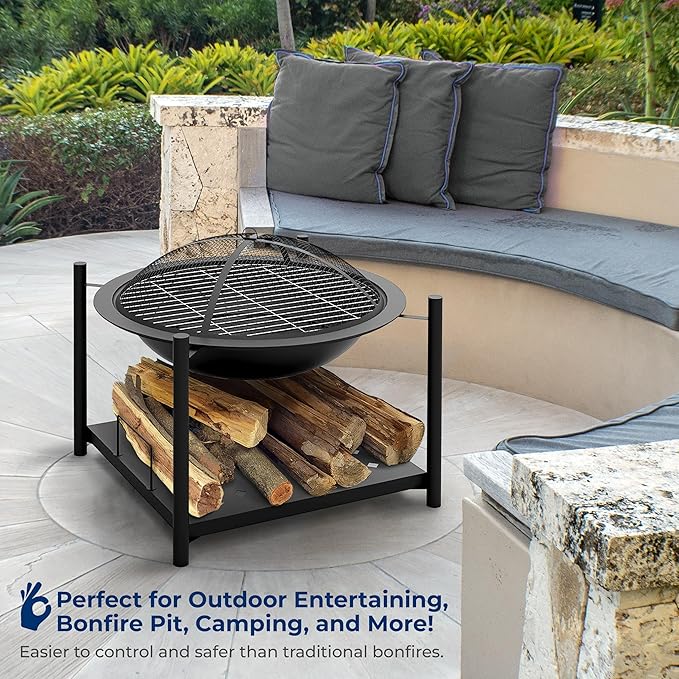 SereneLife Portable Outdoor Fire Pit - 2-in-1 Steel BBQ Grill and 26 Wood Burning Fire Pit Bowl with Mesh Spark Screen Log Grate Fire Poker and Cover for Camping Picnic Bonfires