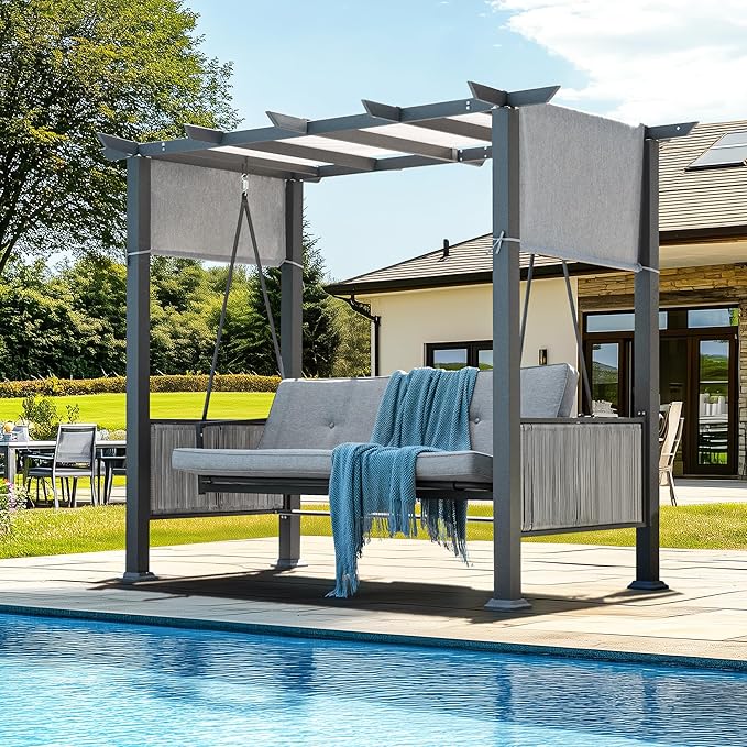 Pamapic 2-in-1 Convertible Porch Swing Bed 3-Seat Elegant Patio Swing with Wicker Armrests Outdoor Chair with Adjustable Canopy for Balcony Garden and Poolside Gray