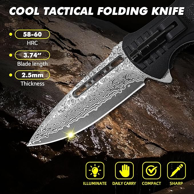 Father's Day Memorial Day &amp Birthday Gift for Him Damascus Pocket Knife Gift for Men Boyfriend Husband Father Veterans – Folding Knife with Fire Starter Whistle LED Light Serrated Blade f