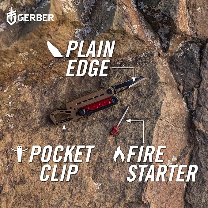 Gerber Gear Stakeout Spark - Multi-Tool Folding Knife for Backpacking Survival Camping Outdoor - Pocket Tool w/Bottle Opener Tent Stake Puller Scissors Tweezers - Coyote Brown