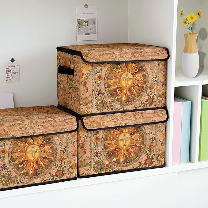 Stackable Clothes Storage Bins with LidsCloset Organizers Fabric Box for Home and OfficeBlanket Clothes OrganizersUnder Bed Storage Containers 3 Pack(Sun).