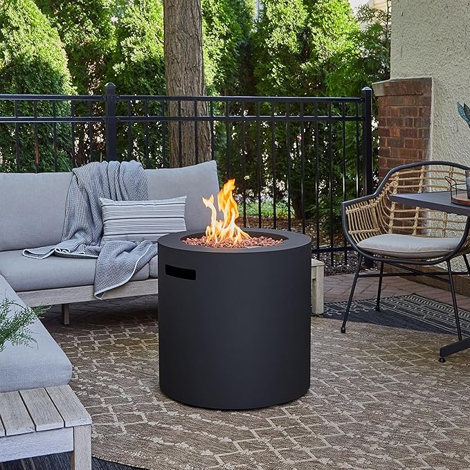 Real Flame Aegean 24 Round Propane Gas Fire Pit Table with Hidden Tank 50000 BTU Powder-Coated Steel Push-Button Ignition Lava Rock Storage Cover Stainless Steel Burner with Lid - Black