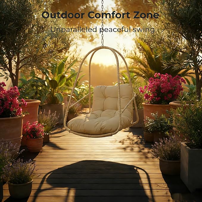 JESE Hanging Egg Chair with 304 Stainless Steel Hook: Indoor Woven Rattan Swing Chair Foldable Design Cup Holder &amp Cushion 350lb Weight Capacity for Balcony Garden PatioKhaki