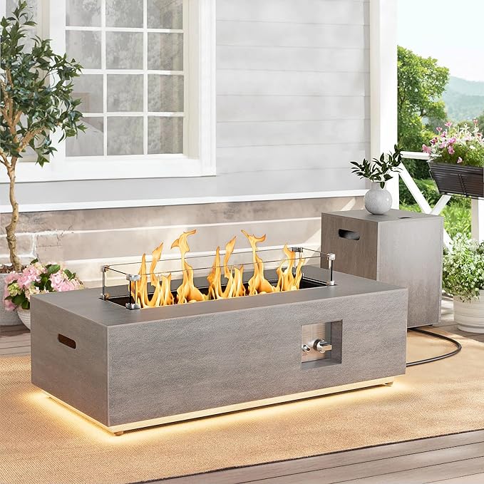 SUNPEAK 42 Modern Fire Pit Table with LED Light 50000 BTU Deck Fire Pit Table Includes Wind Guard Lid Rocks &amp Cover - Propane Gas Patio Fireplace Chimenea para Patio (Grey/Golden Light 42 L