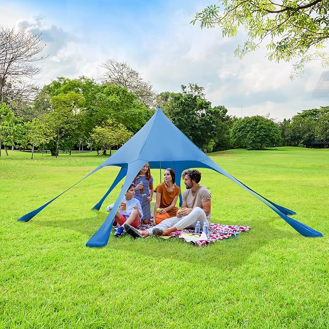 HAPPYGRILL Beach Canopy Sun Shelter with Aluminum Pole 20 FT x 20 FT UPF 50+ Pop Up Tent with Sandbags Tent Pegs Sand Shovel Carry Bag Portable Outdoor Sunshade for Camping Sport Events Picnic