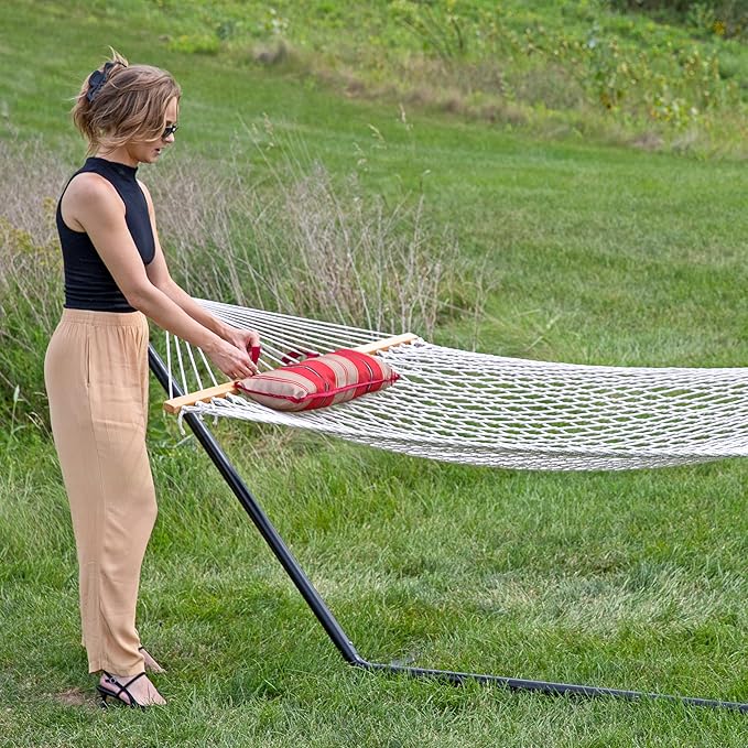 Sunnydaze Rope Hammock with Stand for Outside- 275-Pound Capacity - Includes 12-Foot Hammock Stand Spreader Bar Pad and Pillow - Green Stripe