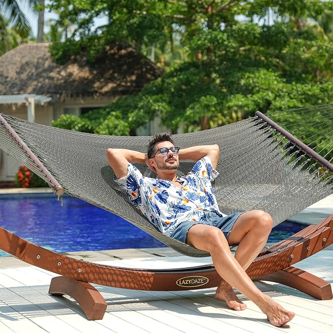 Lazy Daze Hammocks 10.5 FT Double 2 Person Caribbean Rope Hammock Hand Woven Polyester Hammock with Spreader Bars for Outside Outdoor Backyard Patio Poolside 450 LBS Capacity Gray
