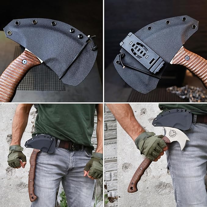 AncientSmithy Tactical Tomahawk Axe with Sheath Handmade Camping Hatchet for Survival (14.17 Three Spikes Hawk with Composite Handle)