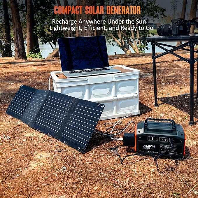 AIMTOM 200W Portable Power Station with 30W Solar Panel Bundle – 173Wh Lithium Battery 250W Peak AC USB-A USB-C and 12V DC Outputs High-Efficiency Solar Generator for Camping RV Emergency Backup