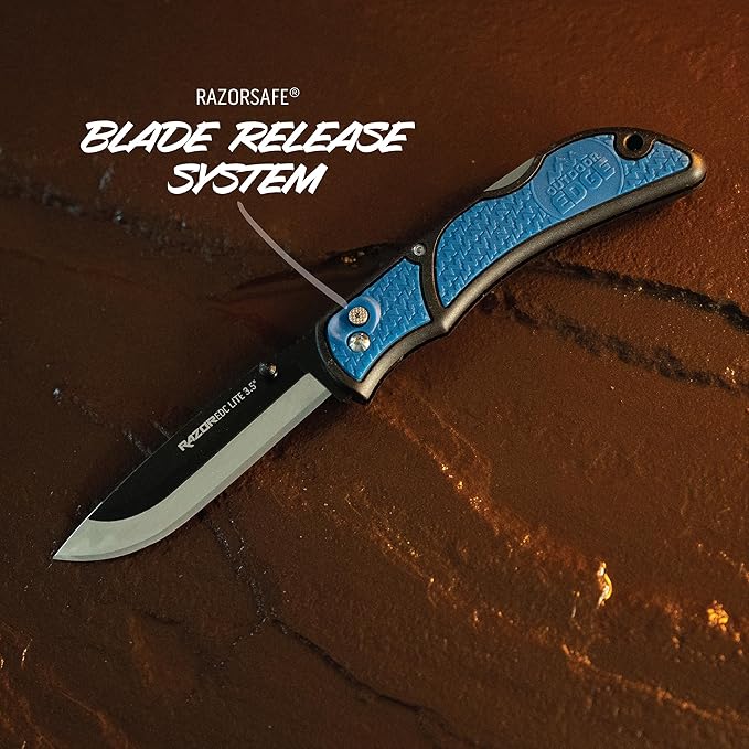 OUTDOOR EDGE 3.5 RazorLite EDC Knife. Pocket Knife with Replaceable Blades and Clip. Perfect For Hunting &amp Skinning Deer. Blue with 6 Blades