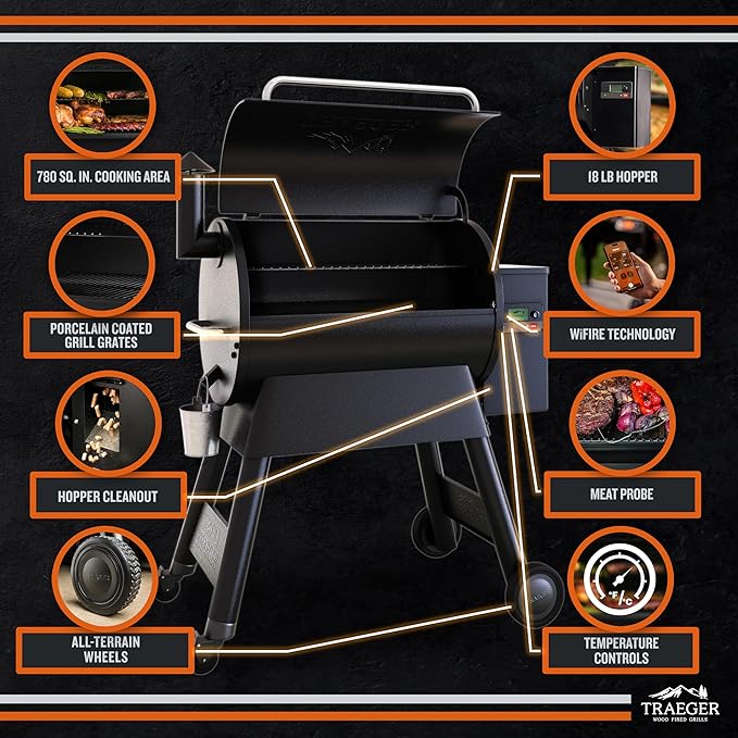 Traeger Grills Pro 780 Wood Pellet Smoker Grill 6-in-1 BBQ Pellet Grill Combo WiFi and App-Connected Electric Smoker 780 Square Inches of Grilling Area Temperature Control Black Finish