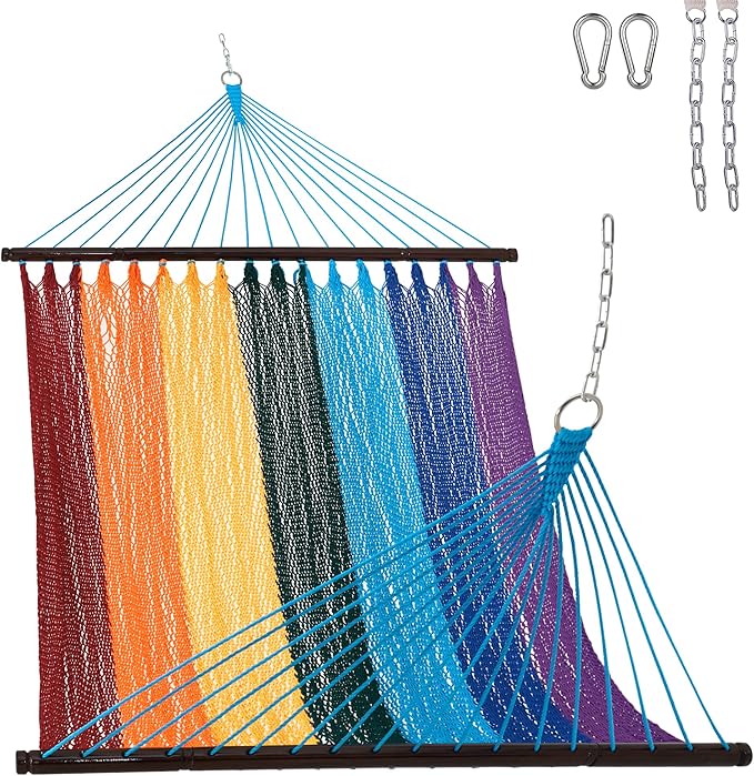 Lazy Daze Hammocks 10.5 FT Double 2 Person Caribbean Rope Hammock Hand Woven Polyester Hammock with Spreader Bars for Outside Outdoor Backyard Patio Poolside 450 LBS Capacity Rainbow