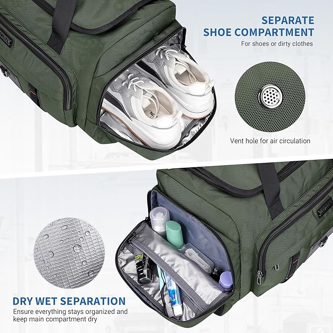 WITZMAN Duffle Bag for Men Large Overnight Carry On Weekender Bag with Shoe Compartment Sports Gym Duffle Bags for Traveling(B719 Army Green)