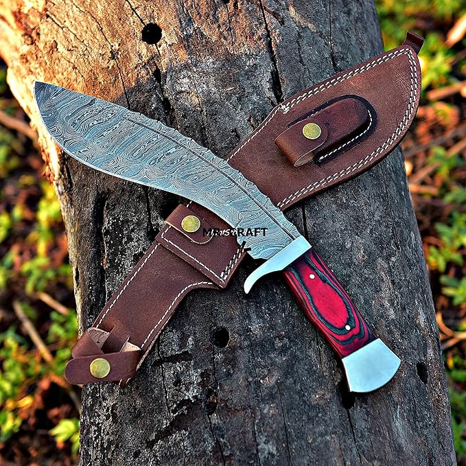 MR. CRAFT Custom Handmade Traditional Kukri Damascus Steel Fixed Blade Knife With Sheath Full Tang Heavy Duty Camping Knives - Gifts for Men (Red &amp Black Wood)