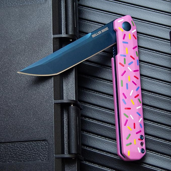 BELLIA BORS EDC Donut Folding Pocket Knife D2 Steel Blade with Anti-slip Handle Pocket Clip Outdoor Camping Hunting Fishing