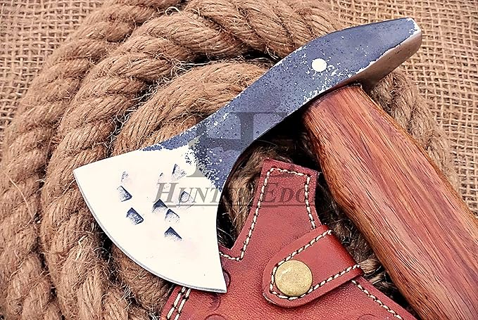 HUNTEX Custom Exposed Hand-Forged Marked 1095 High Carbon Steel 14 Inch Long Walnut Wood Handle Full Tang Razor Sharp Hunting Camping Outdoor Four Lugged Chopping Axe with Genuine Leather Sheath