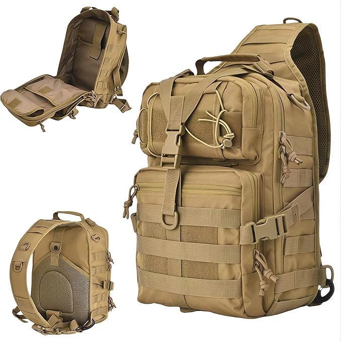Tactical Sling Backpack with Molle System - Military Rover Shoulder Bag for EDC Outdoor Range &amp Daily Carry (Brown)