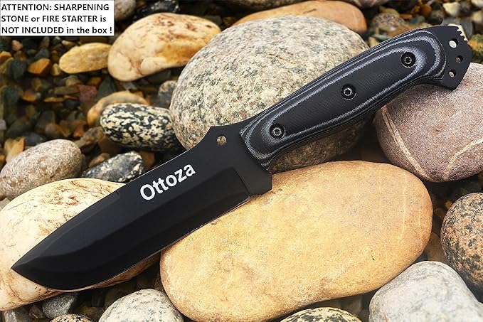 Ottoza Fixed Blade Hunting Knife with Leather Sheath and Horizontal Carry - Full Tang Outdoor Survival and Camping Knife for Men - Micarta Handle 312