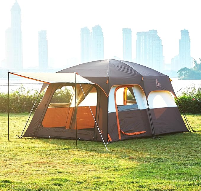 KTT Extra Large Tent 10-12-14 Person(B)Family Cabin Tents2 Rooms3 Doors and 3 Windows with MeshStraight WallWaterproofDouble LayerBig Tent for OutdoorPicnicCampingFamily Gathering