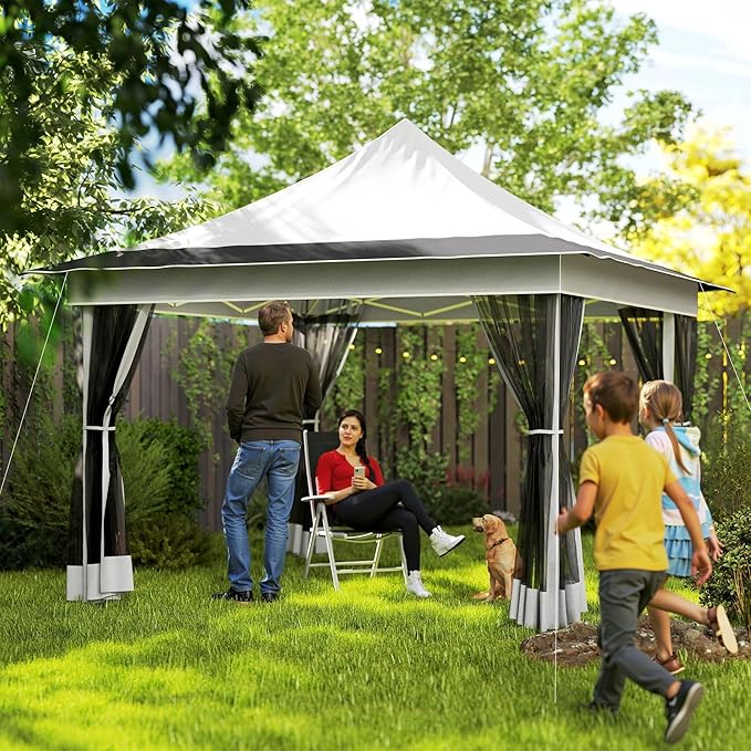 12x12 Heavy-Duty Canopy Pop Up Tent Featuring Breathable Mesh Netting UPF50+ UV Protection Portable Carry Bag Light Gray