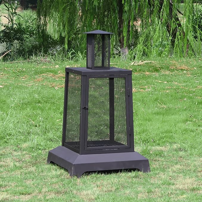 Walsport Chiminea Outdoor Fireplace 43 Inch Wood Burning Fire Pit with Grill Grate and Spark Screen Cover Outdoor Fire Pit for Patio Backyard Deck Porch and Camping Black