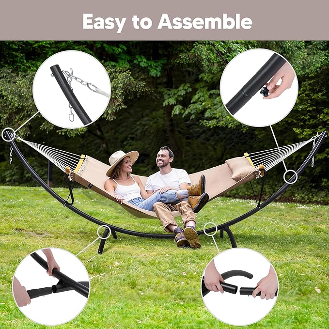 SUNCREAT Portable Double Hammock with Stand Outdoor Standing 2 Person Hammock Combo Patent Pending Tan