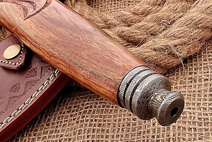 HUNTEX Unique Custom Hand-Forged Twist Pattern Damascus Steel 21 Inch Long Walnut Wood Handle Full Tang Razor Sharp Hunting Camping Outdoor Smoke Pipe Viking Axe with Genuine Leather Sheath