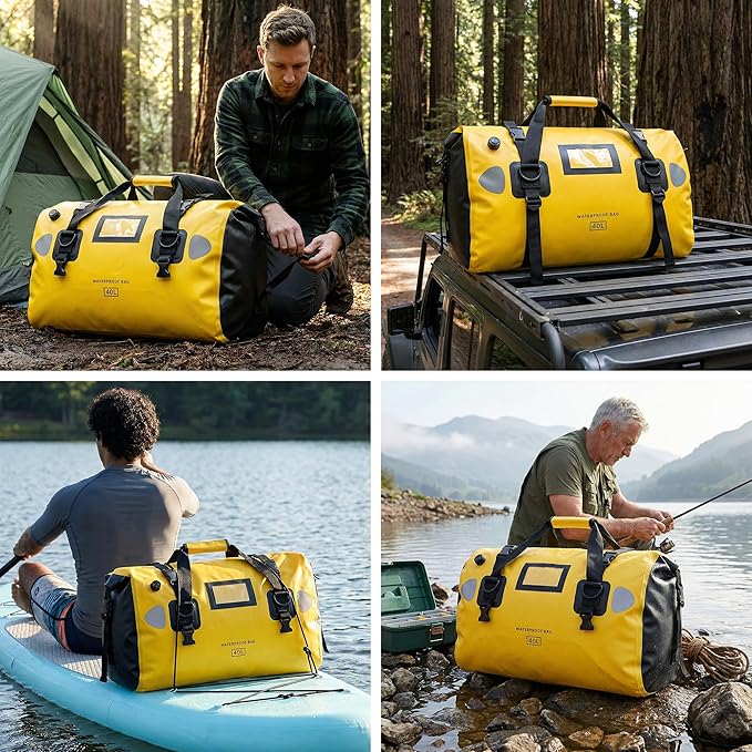 HOMIEE 40L Waterproof Duffel Bag Waterproof Motorcycle Dry Trave Bag Tail Bag with Roll Top Closure &amp Shoulder Straps Outer Mesh Zipper Pocket for Camping Kayaking Fishing &amp Traveling
