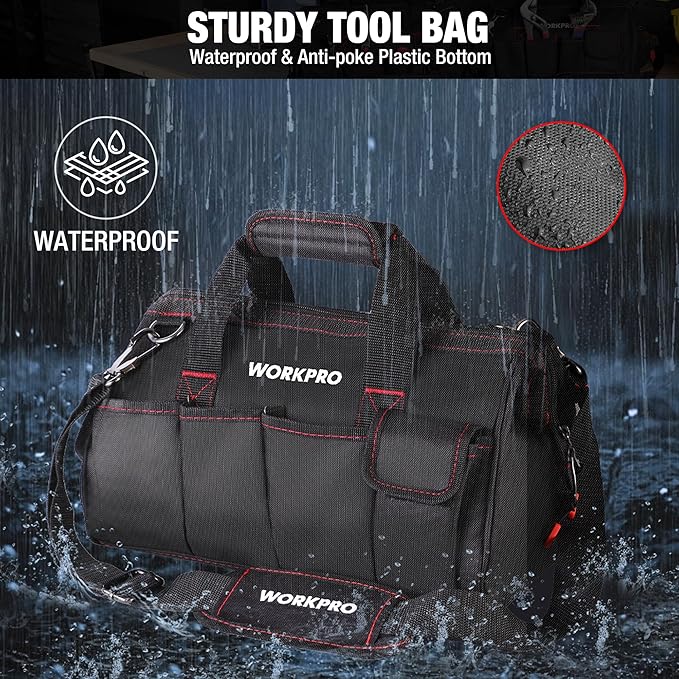 WORKPRO 16-inch Close Top Wide Mouth Tool Storage Bag with Water Proof Rubber Base W081022A 16