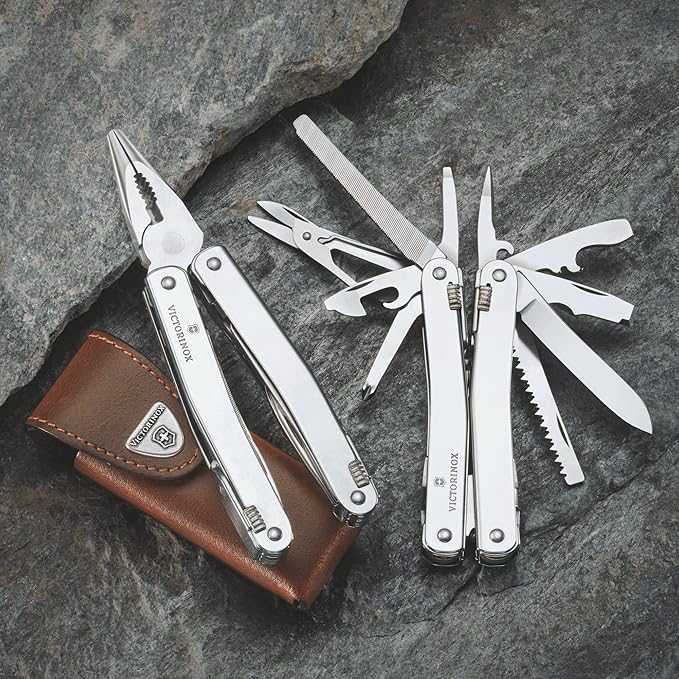 Victorinox Swiss Tool Spirit X Plus Ratchet Swiss Army Knife 36 Function Swiss Made Multi-Tool with Needle-nose Pliers and Leather Pouch - Silver