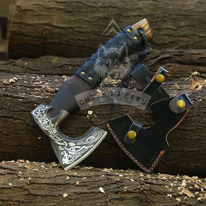 13 Custom Handmade Carbon Steel Real Viking Axe Hatchet Throwing and Camping Axe Birthday Gift for him Leather Wrapped Handle and Leather Sheath (FM 25)