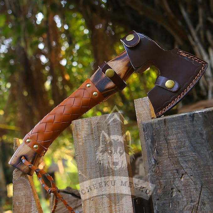 Custom Handmade Carbon Steel Real Viking Axe HatchetCamping Axe Birthday Gift for him Leather Wrapped Handle and Leather Sheath ((FM 20))