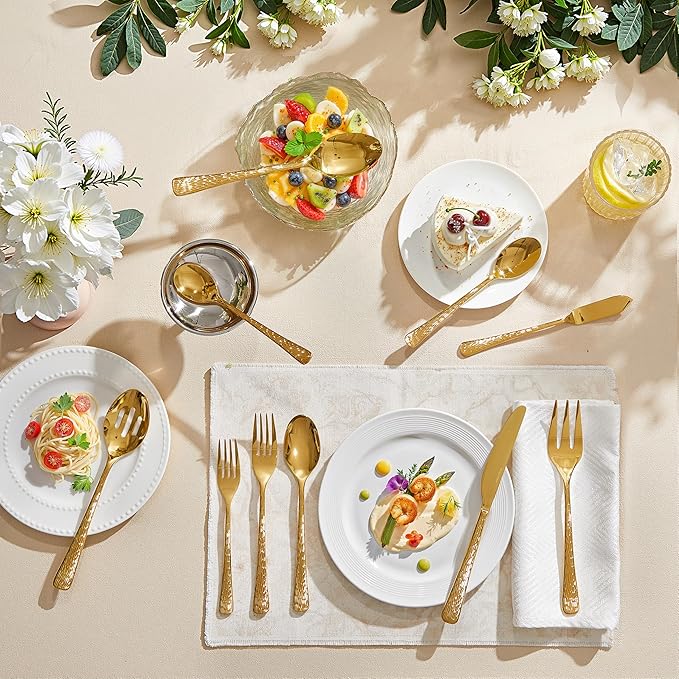 KINGSTONE Gold Hammered Silverware Set Flatware Set with Serving Utensils 18/10 Stainless Steel Premium Cutlery with Unique Ripple Handles Design Mirror Polished - Dishwasher Safe (65-Piece)